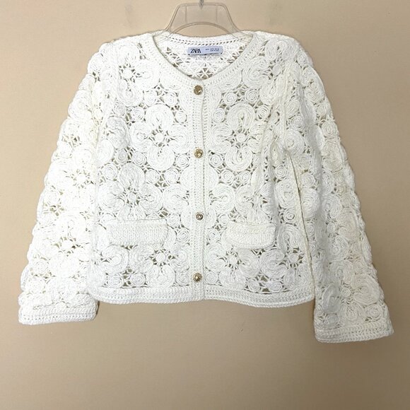 Zara Macrame Crop Cardigan Sweater Medium Button Front Cottagecore Quiet Luxury - Picture 2 of 10